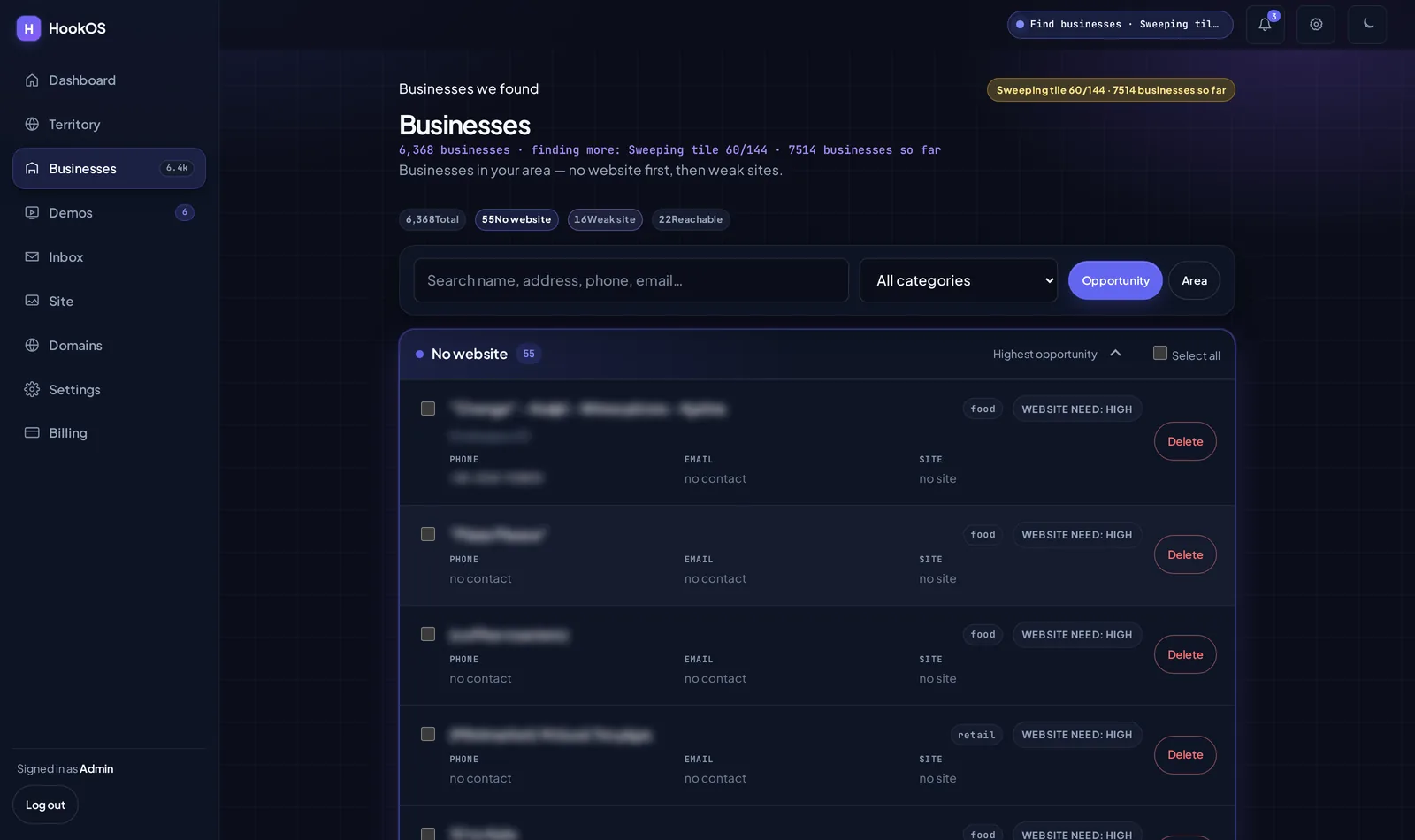 The Businesses screen: found businesses grouped with those having no website first, each tagged with how badly it needs one.